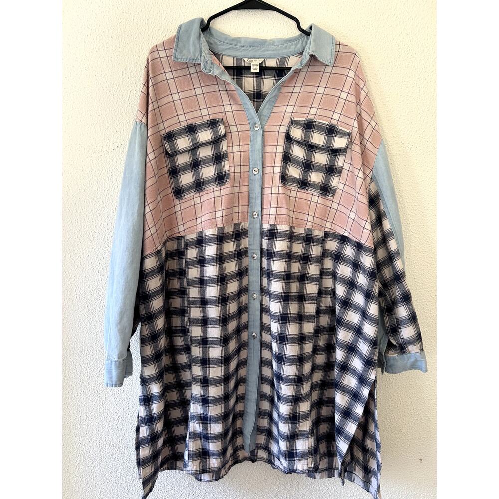 Cato Plaid Button Down Tunic 22/24W Cotton Chambray Contrast